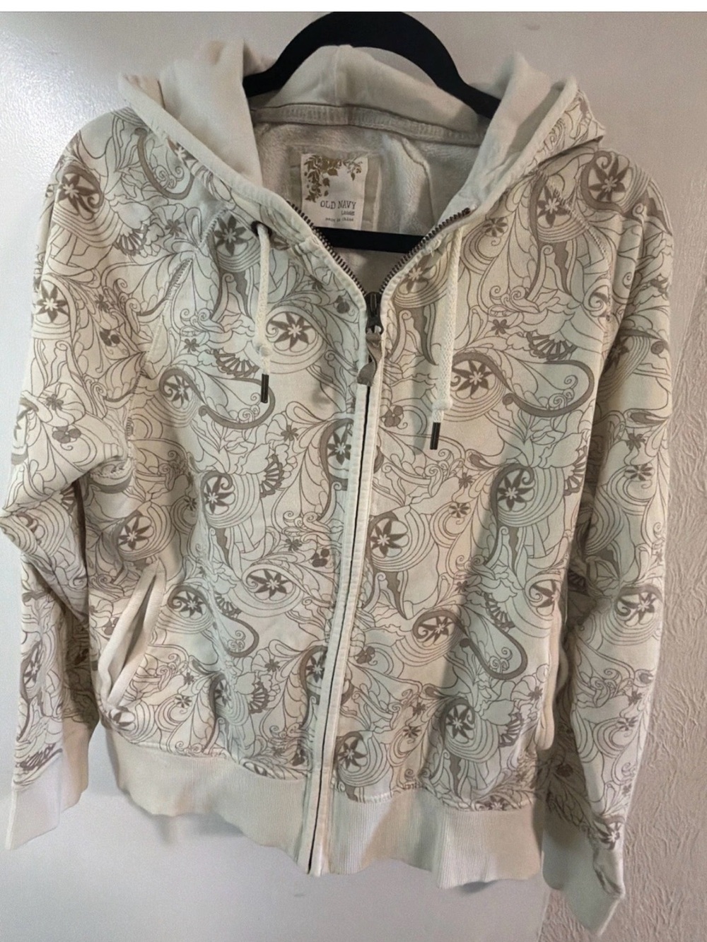 Old Navy Cream Floral-Print Zip Hoodie Vintage Y2K